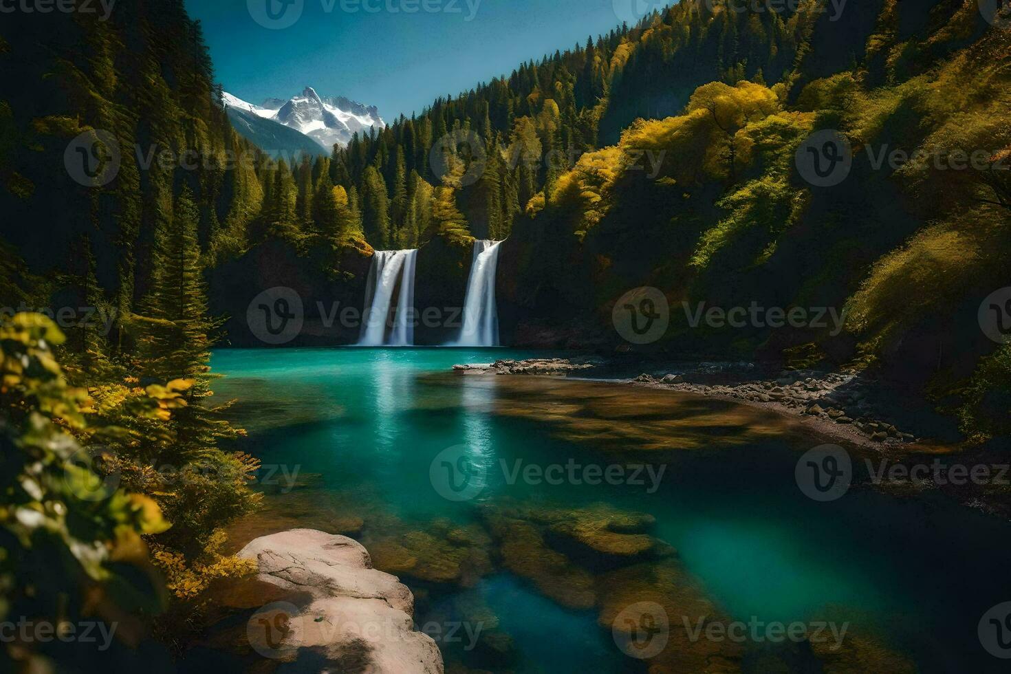 a waterfall in the middle of a forest. AI-Generated photo