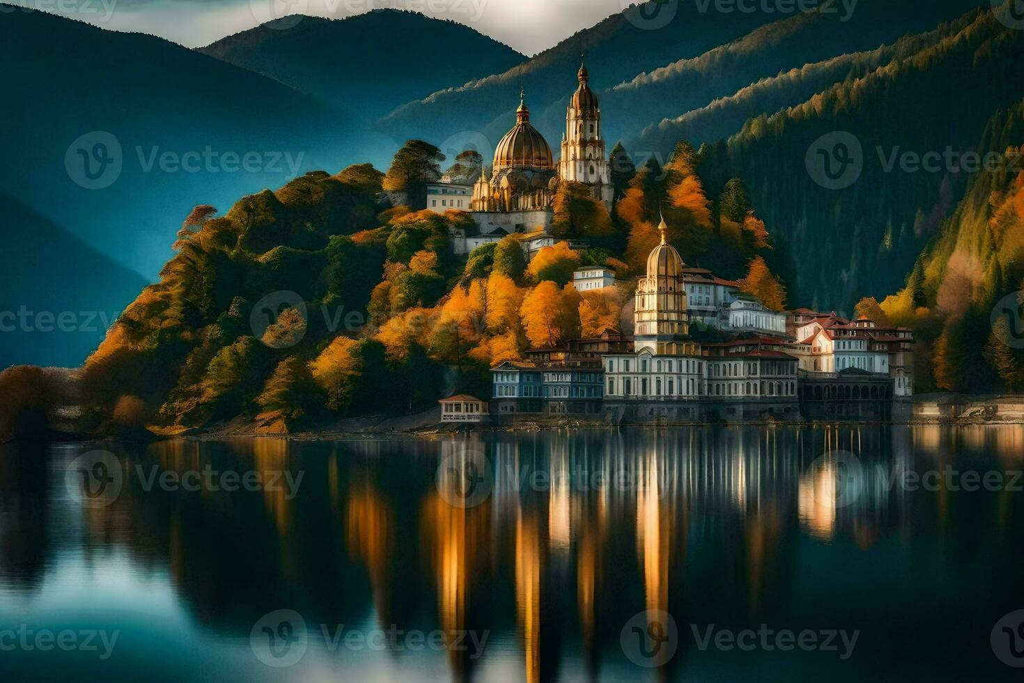 the beautiful lake and castle in the mountains. AI-Generated photo