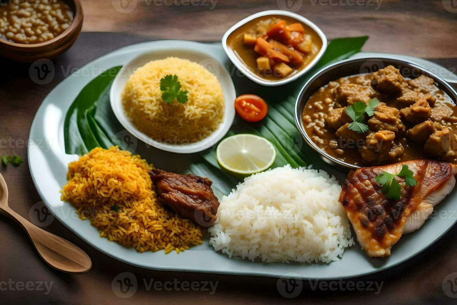 a plate of indian food with rice, chicken, and vegetables. AI-Generated photo