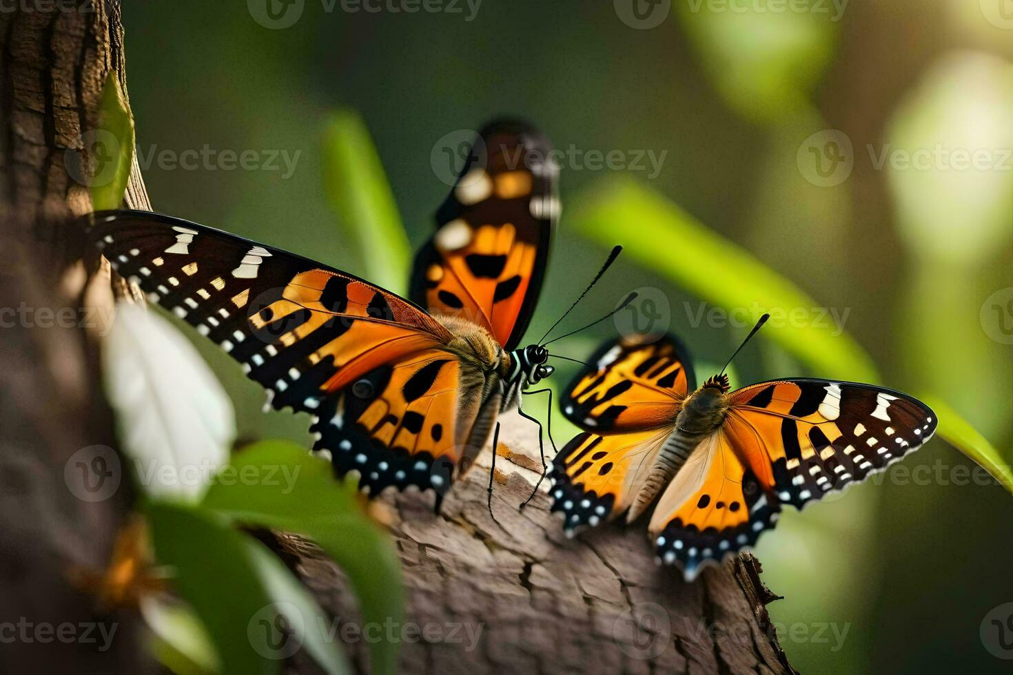 two butterflies are sitting on a tree branch. AI-Generated photo
