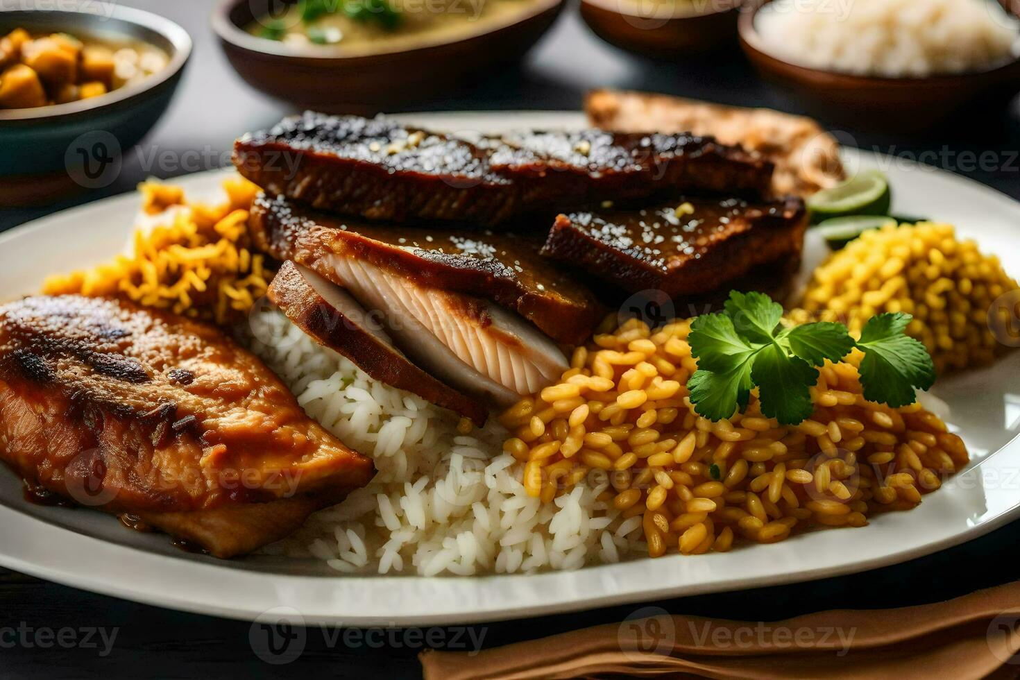 a plate of food with rice, meat and vegetables. AI-Generated photo