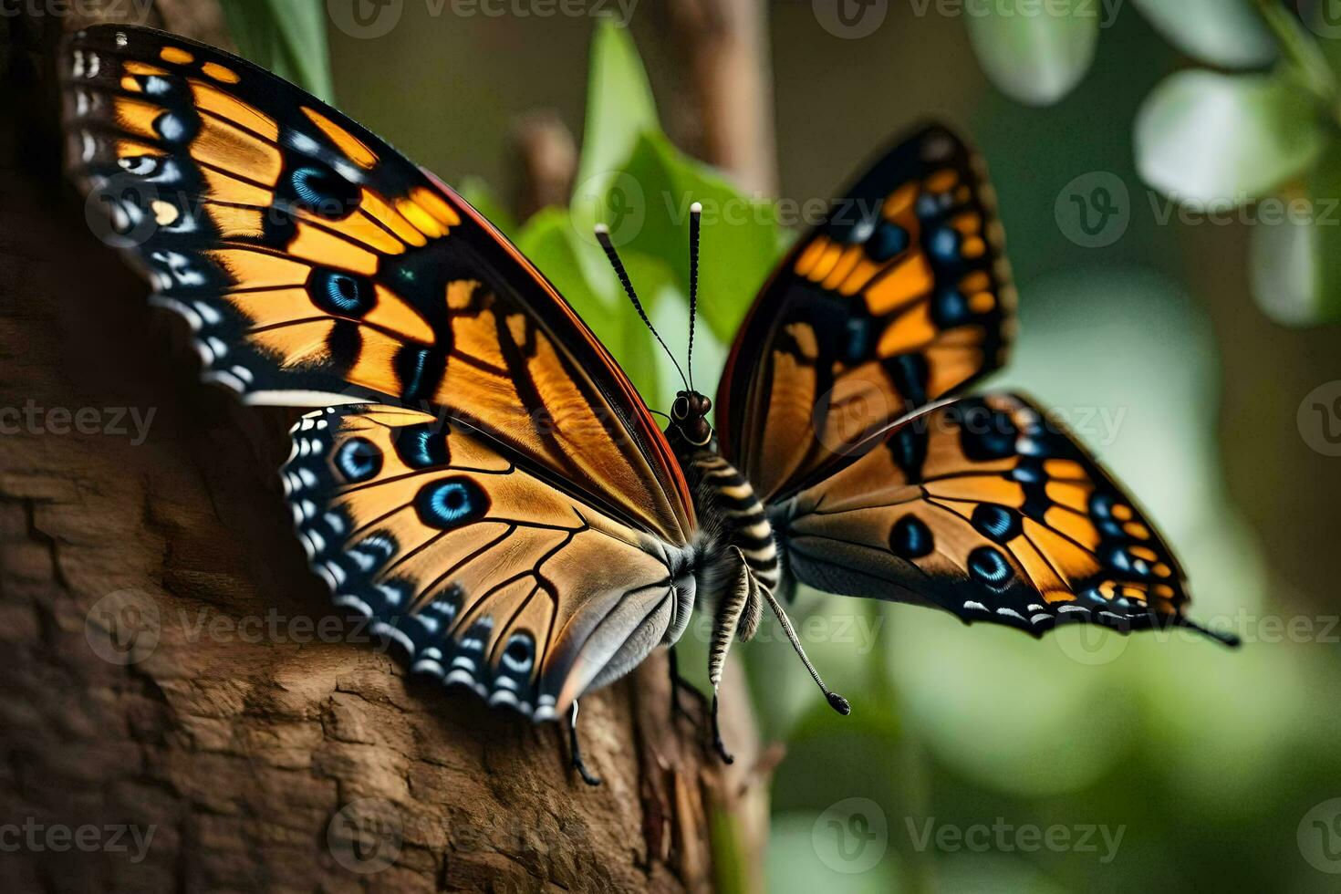 a butterfly is sitting on a tree trunk. AI-Generated photo