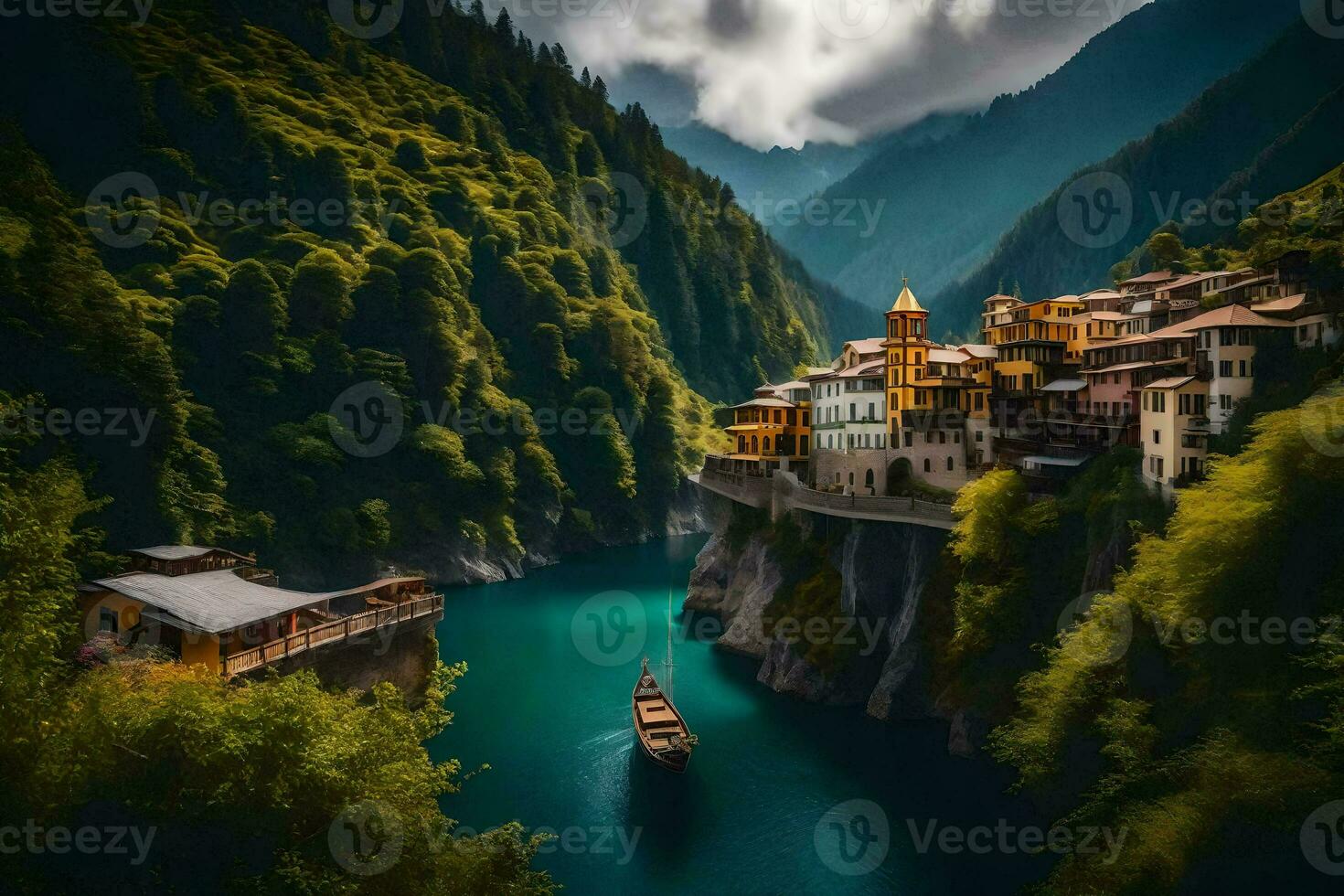 a boat is sailing down a river in a mountain town. AI-Generated photo