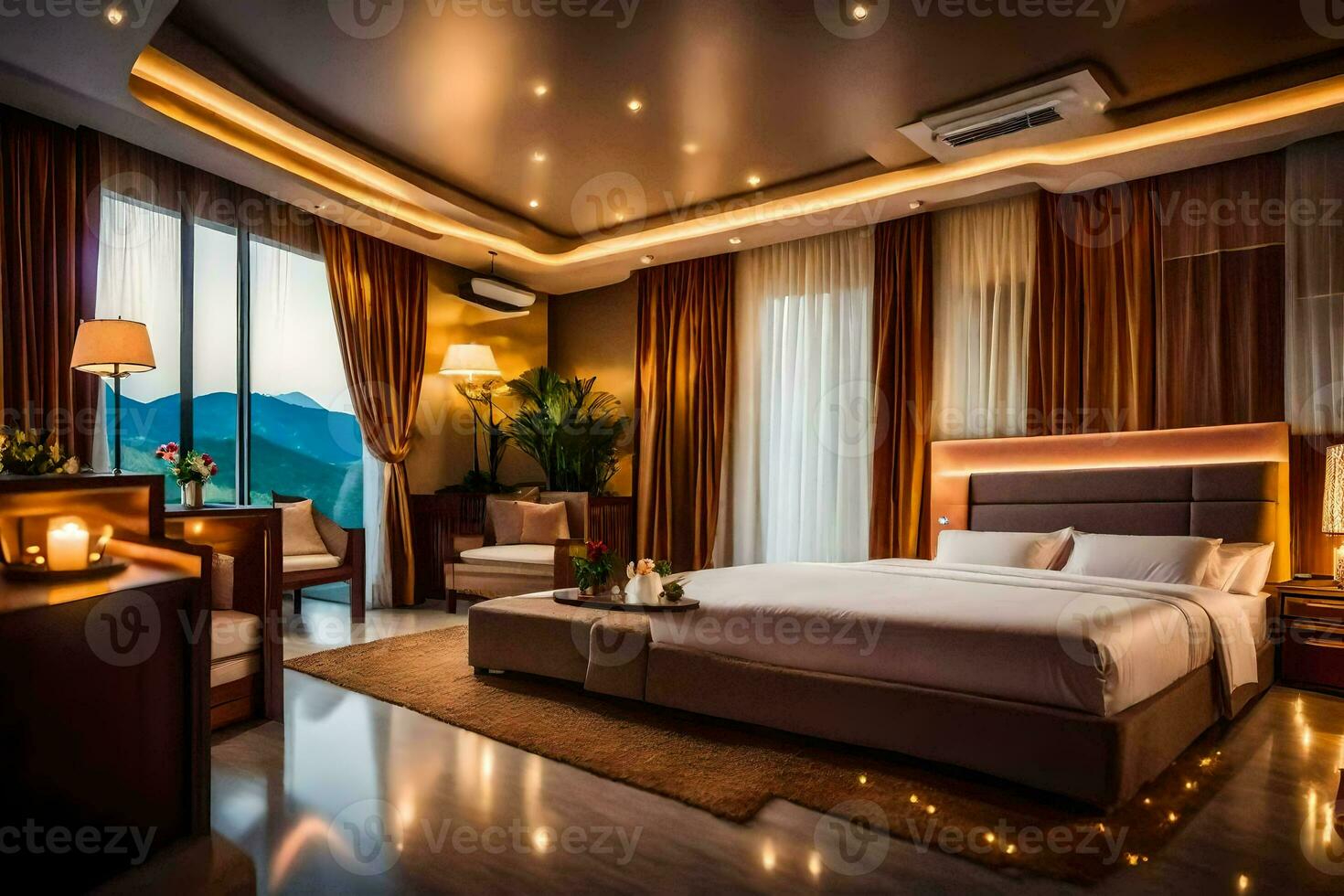 un cama o camas en un habitación a el montaña ver hotel. generado por ai foto