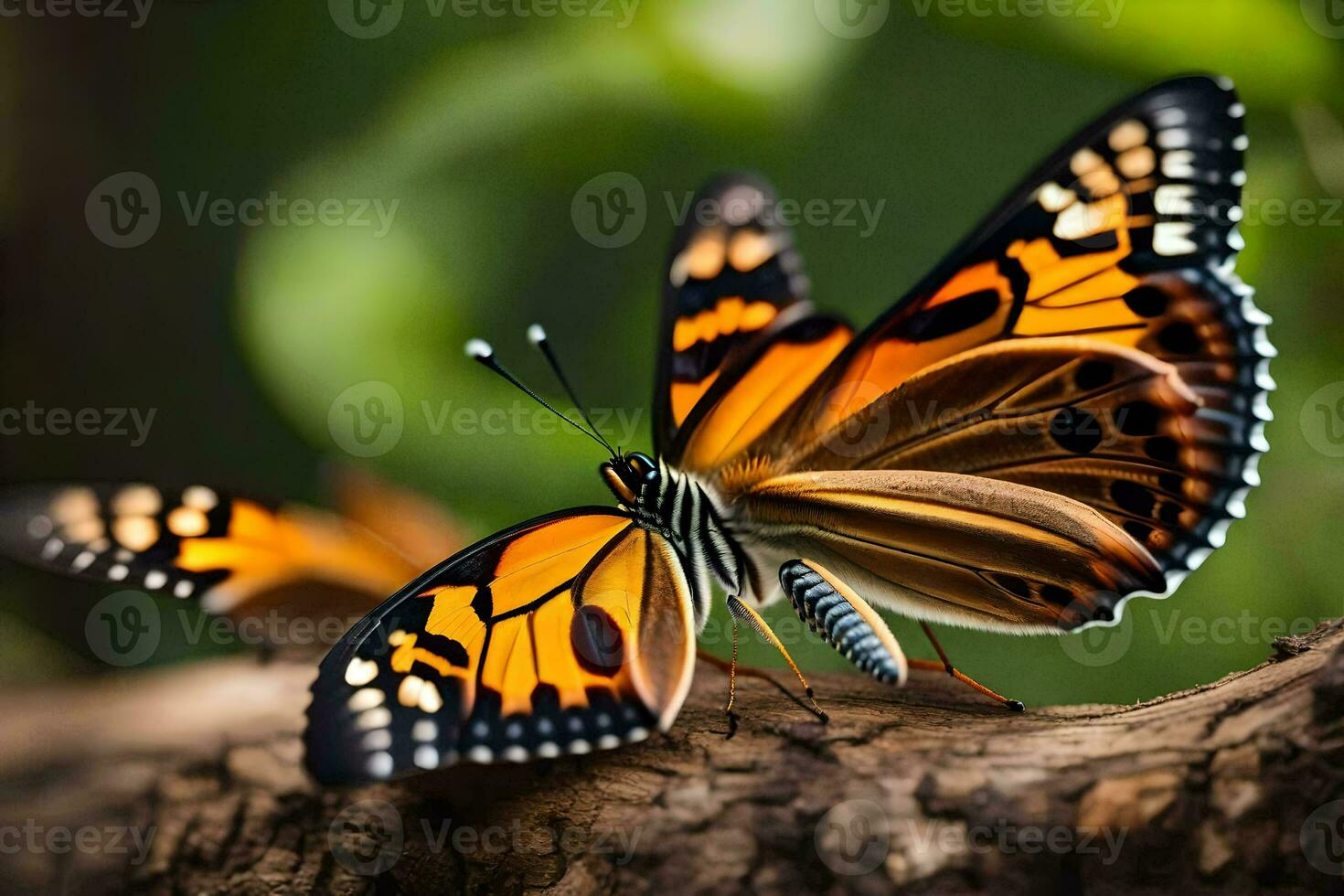 butterfly, orange, black, butterfly, on a branch, in the forest. AI-Generated photo