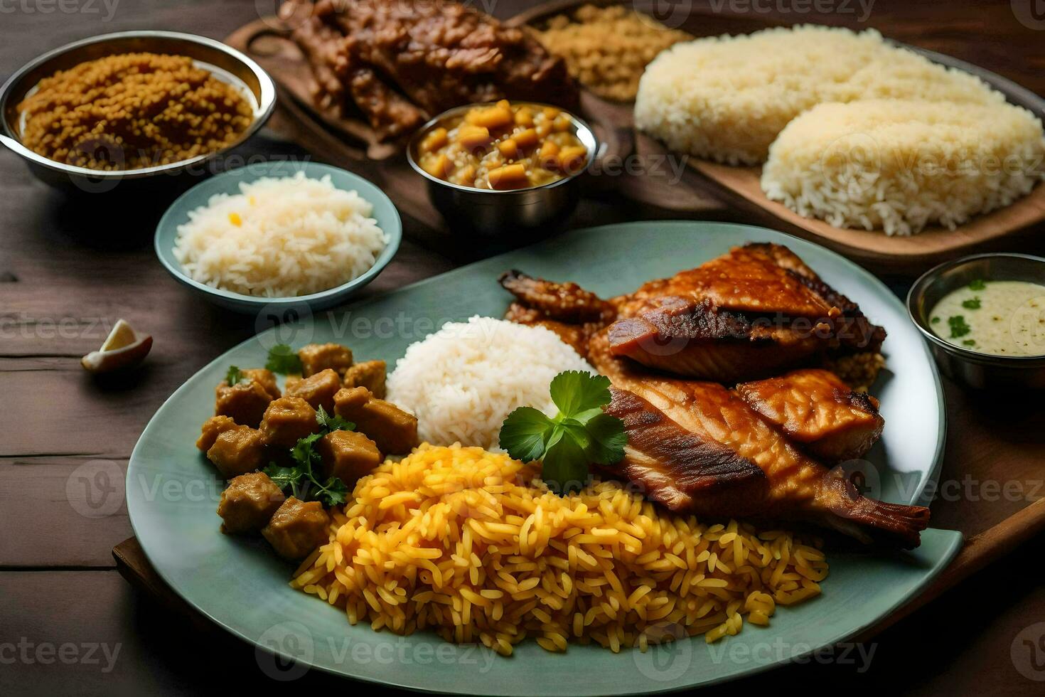 un variedad de comida incluso arroz, carne y vegetales. generado por ai foto