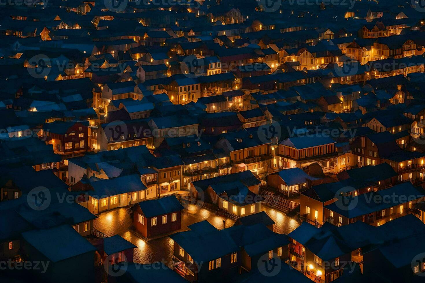 the town at night with lights on the roofs. AI-Generated photo