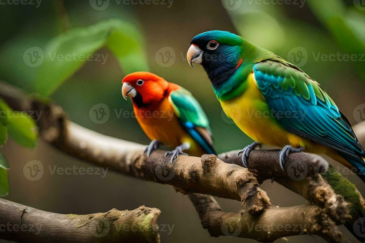 two colorful birds sitting on a branch. AI-Generated photo