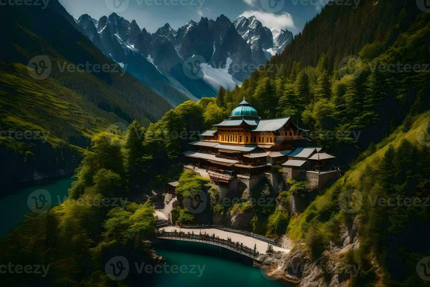 a monastery sits on a mountain overlooking a lake. AI-Generated photo
