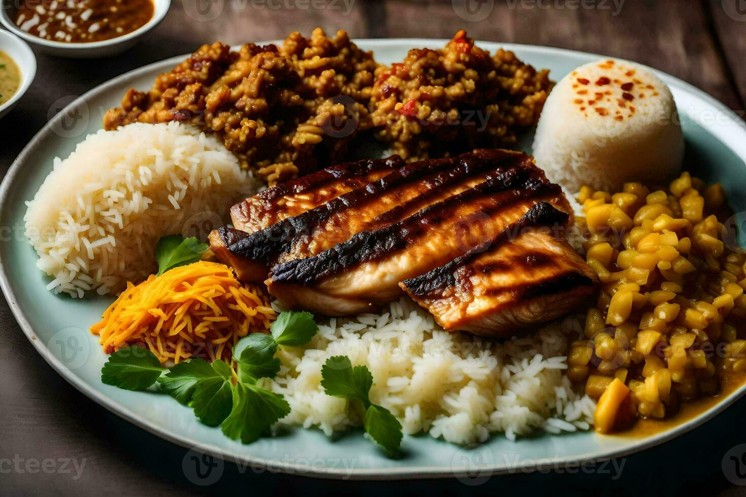 a plate of food with rice, meat and vegetables. AI-Generated photo