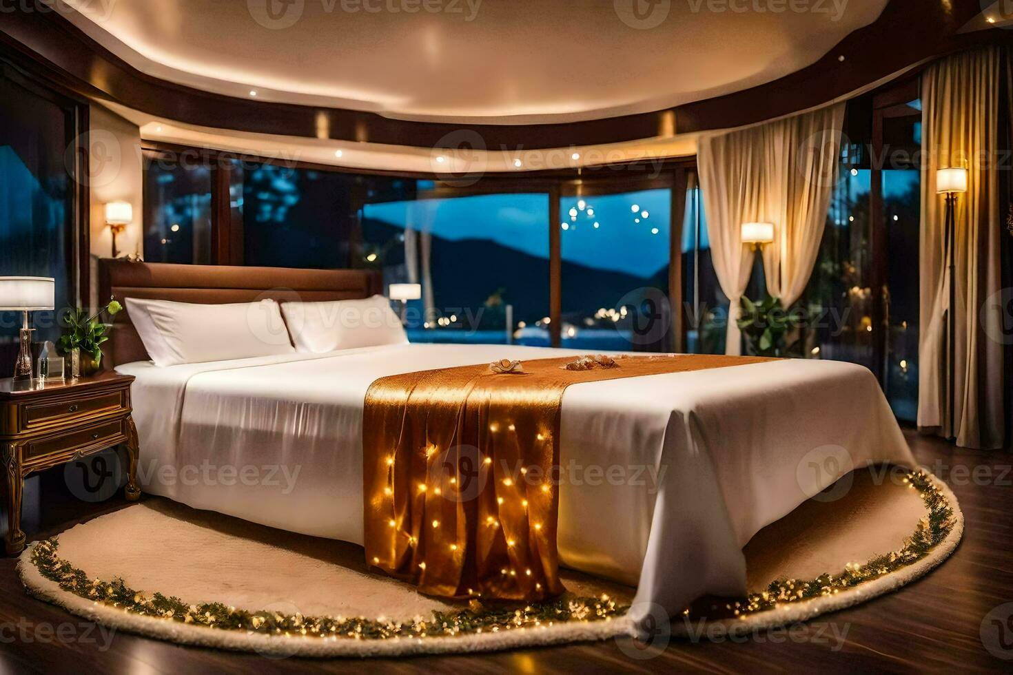 a bedroom with a bed and a window overlooking the ocean. AI-Generated photo