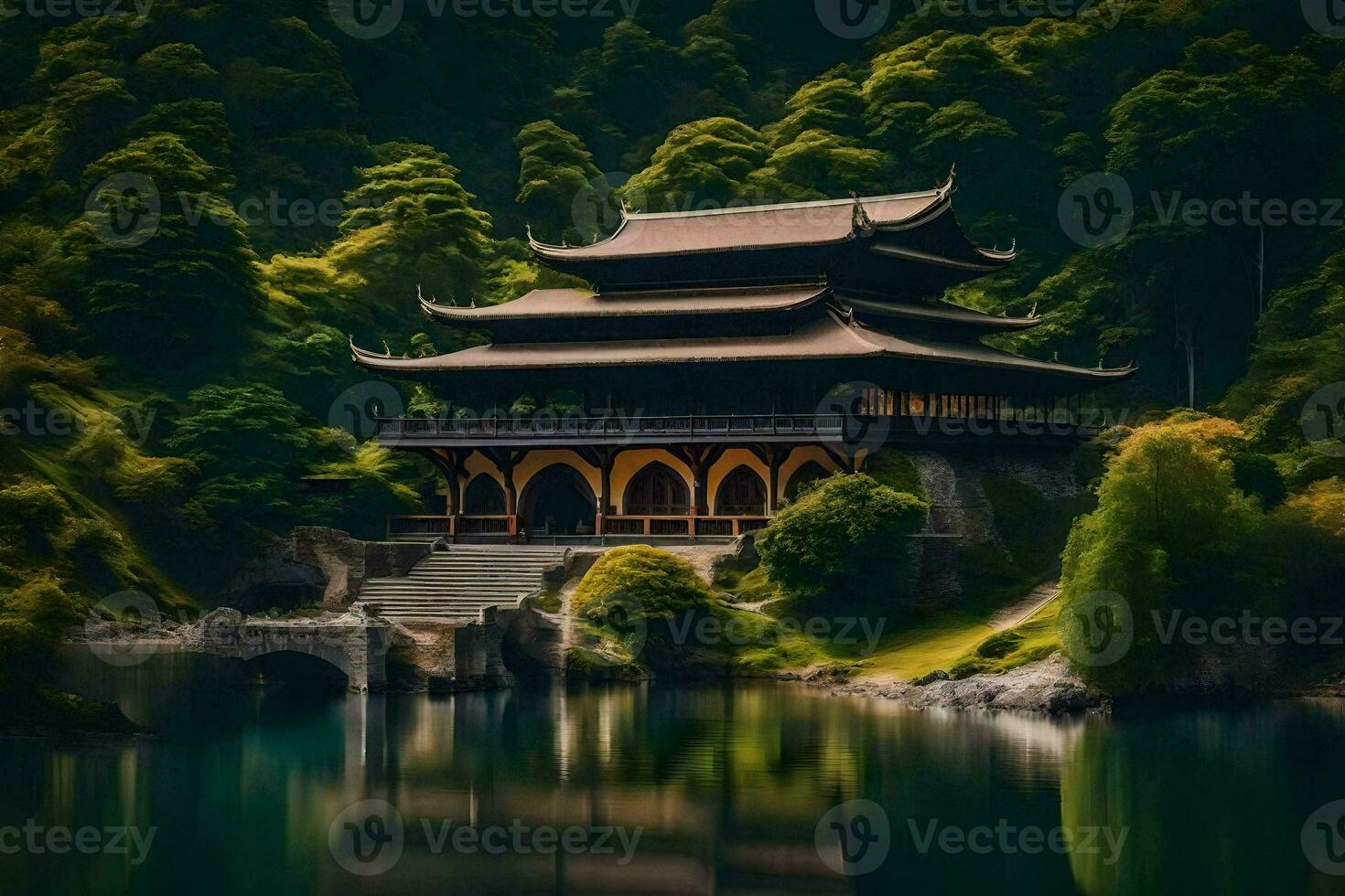 a chinese pagoda sits on the edge of a lake. AI-Generated photo