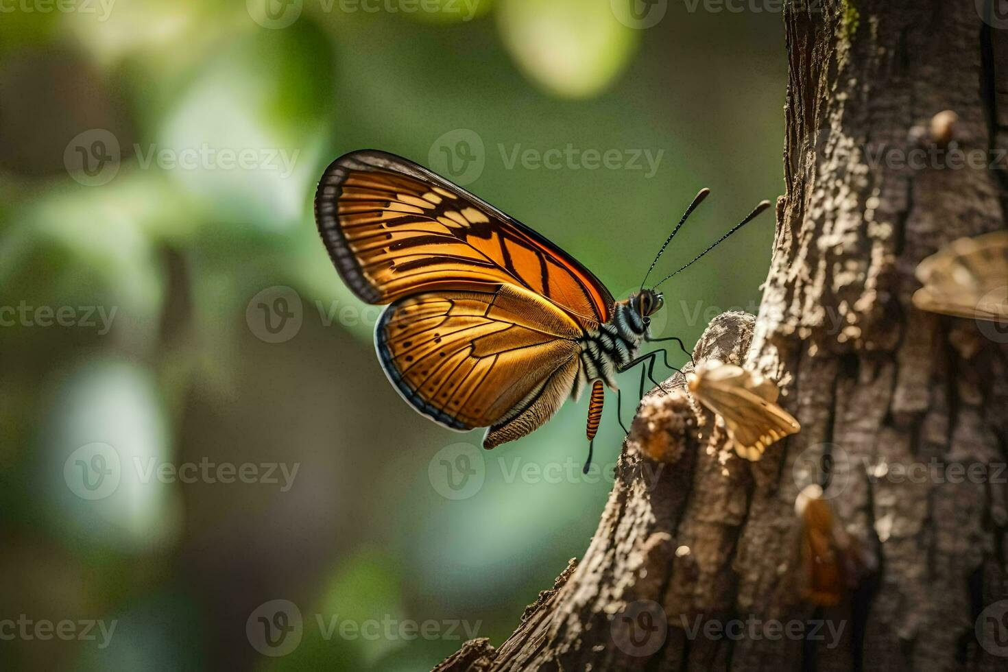 a butterfly is perched on a tree trunk. AI-Generated photo