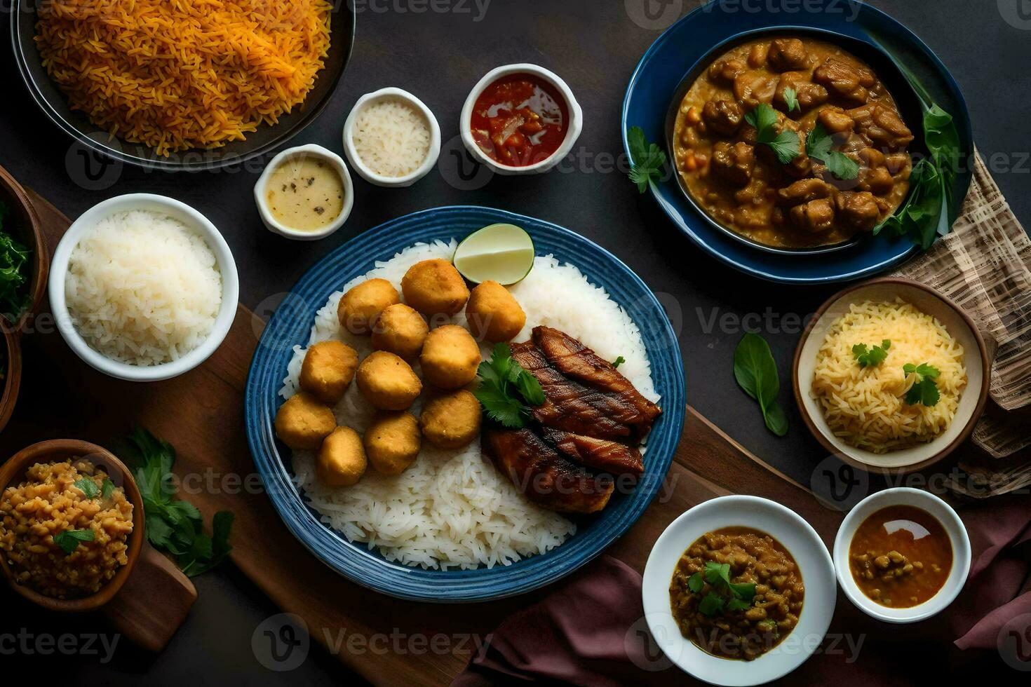 a variety of dishes are arranged on a table. AI-Generated photo