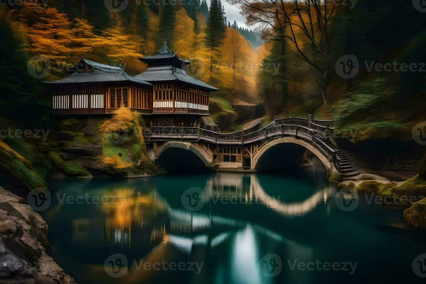 a bridge over a river in the middle of a forest. AI-Generated photo
