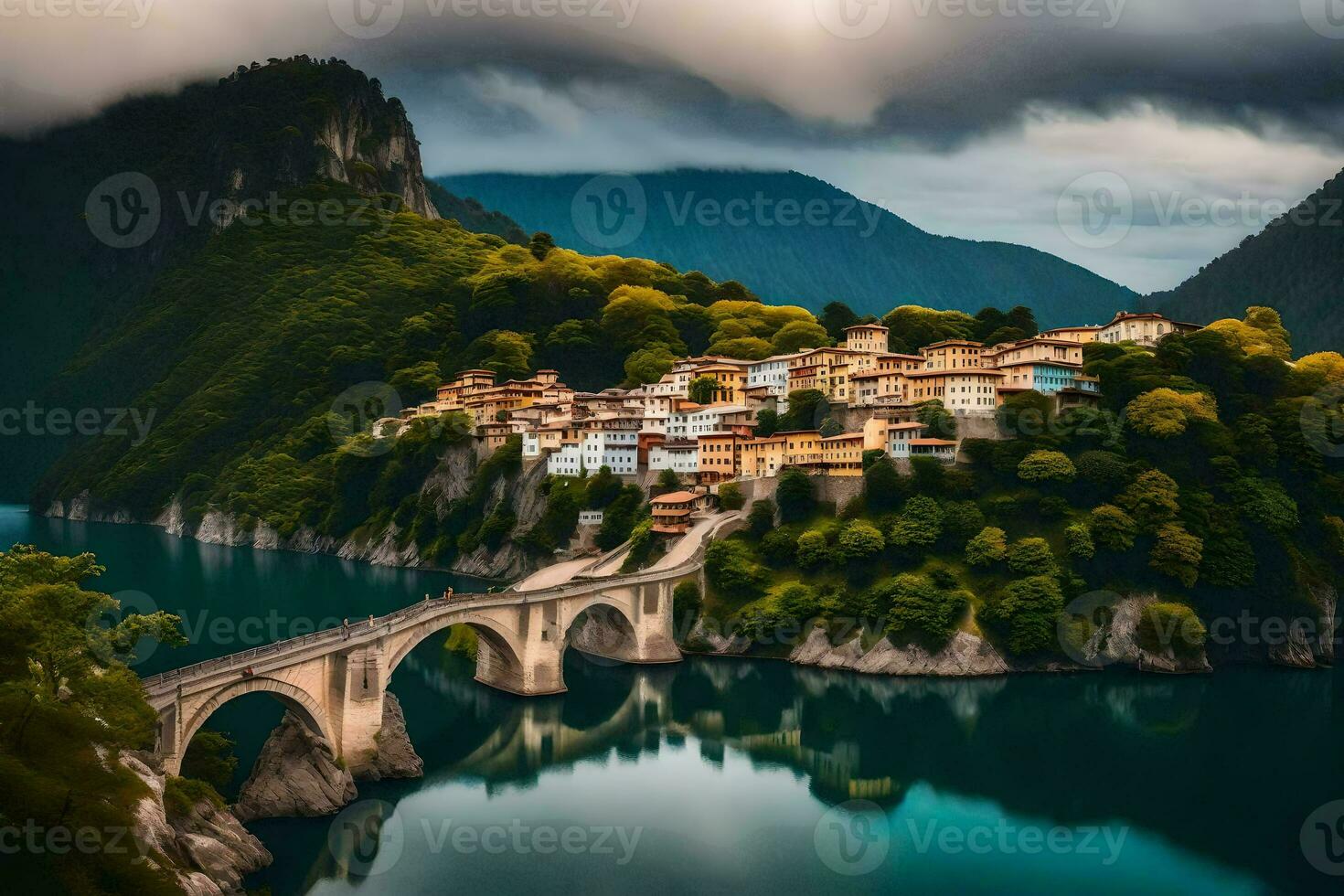 the bridge over the lake in italy. AI-Generated photo