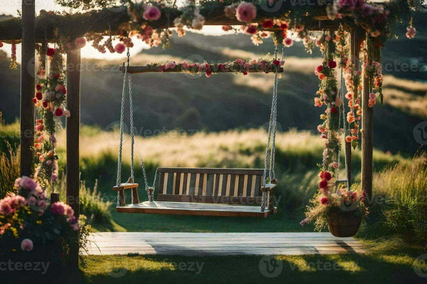 a swing is set up in the middle of a field. AI-Generated photo