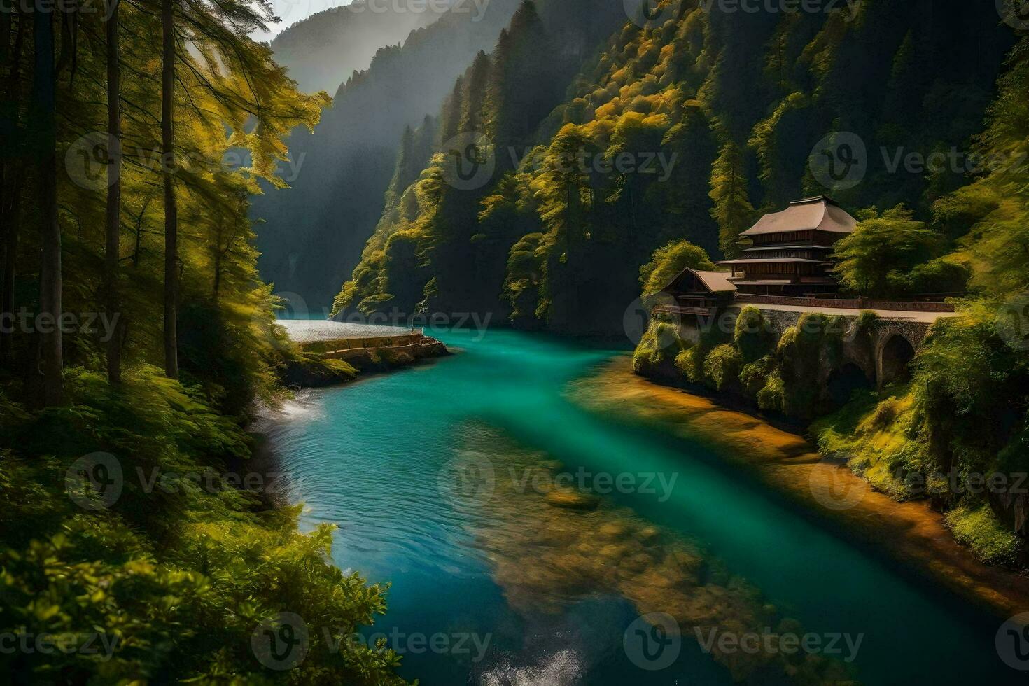 the sun shines on the river and the mountains in the background. AI-Generated photo