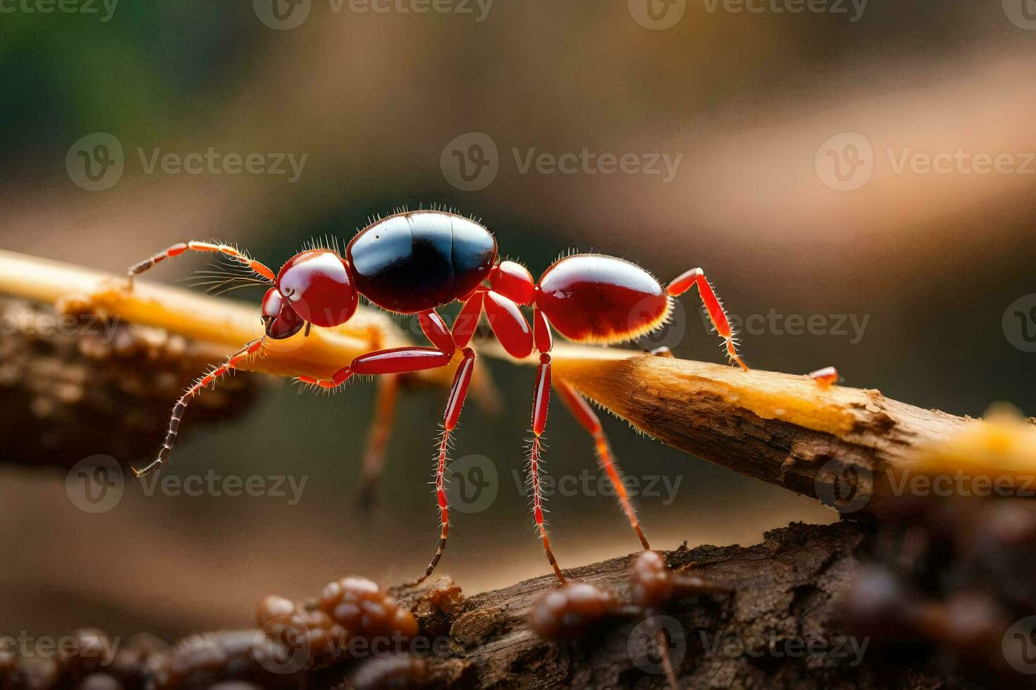 un rojo hormiga en un rama. generado por ai foto