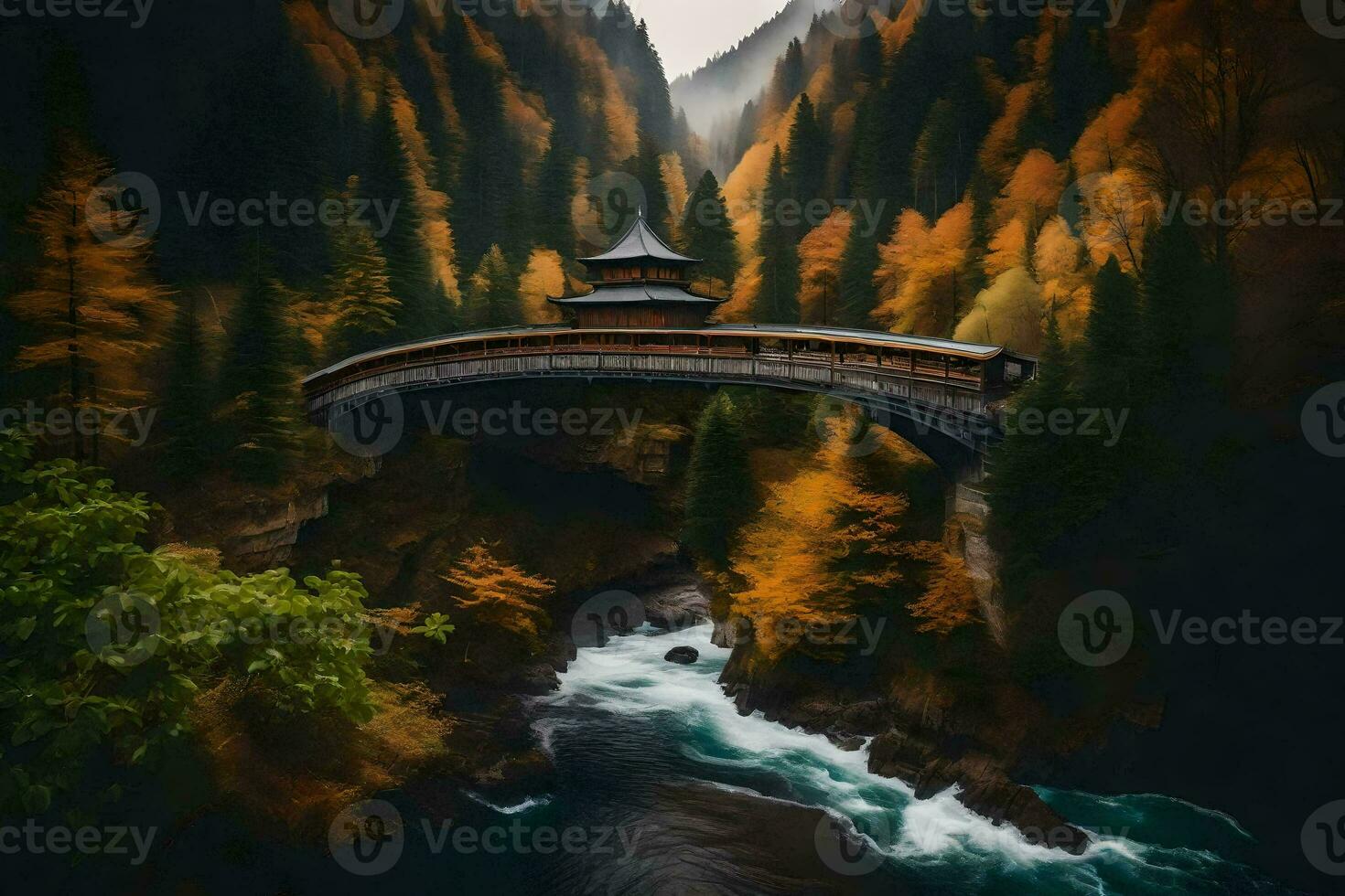 a bridge over a river in the mountains. AI-Generated photo