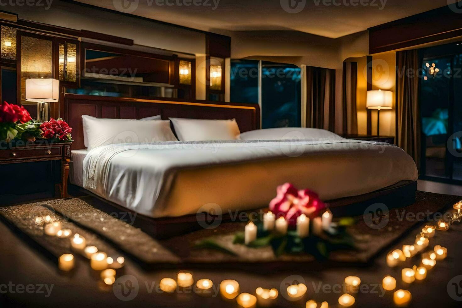 a bed with candles lit around it. AI-Generated photo