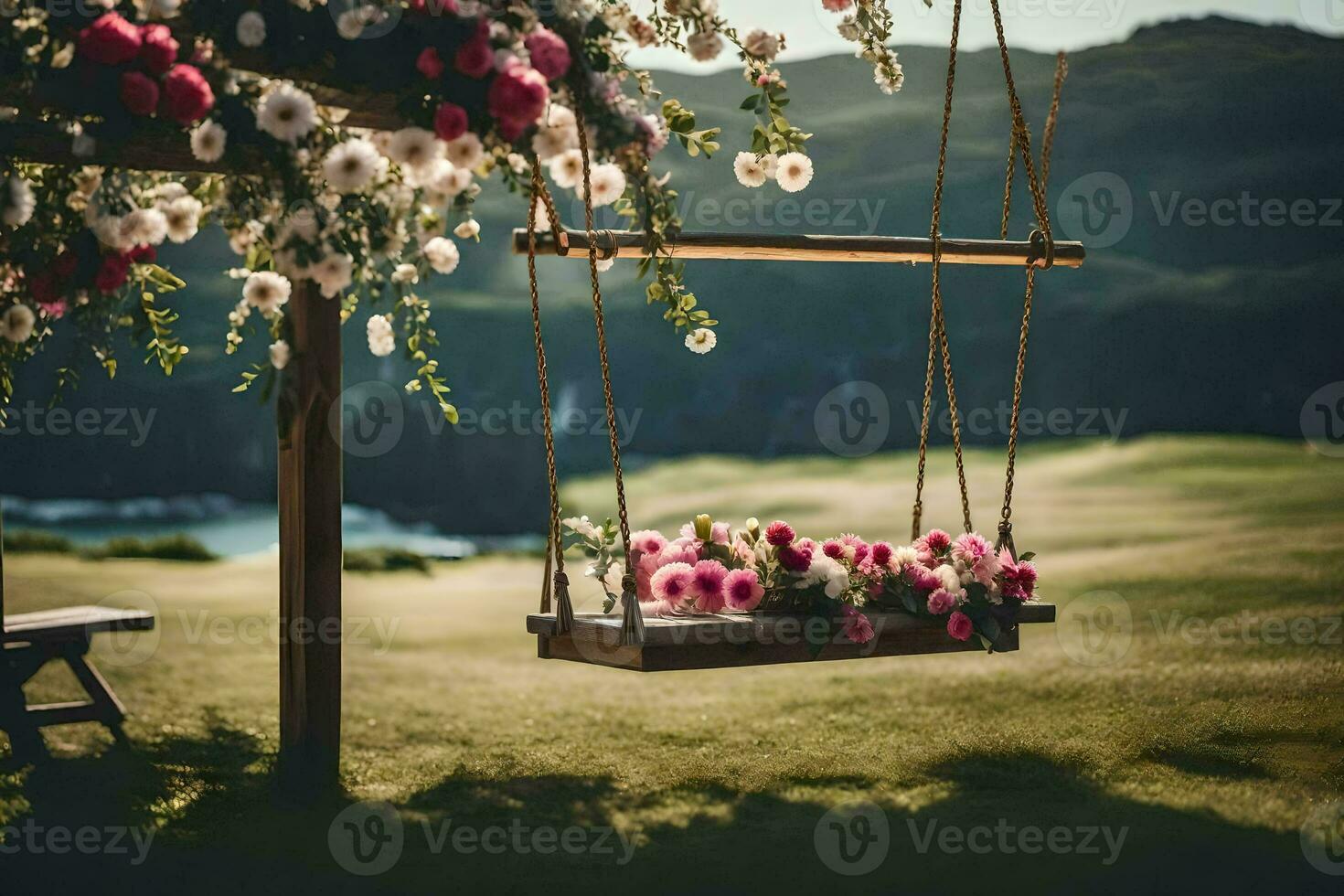 a swing with flowers in the middle of the field. AI-Generated photo