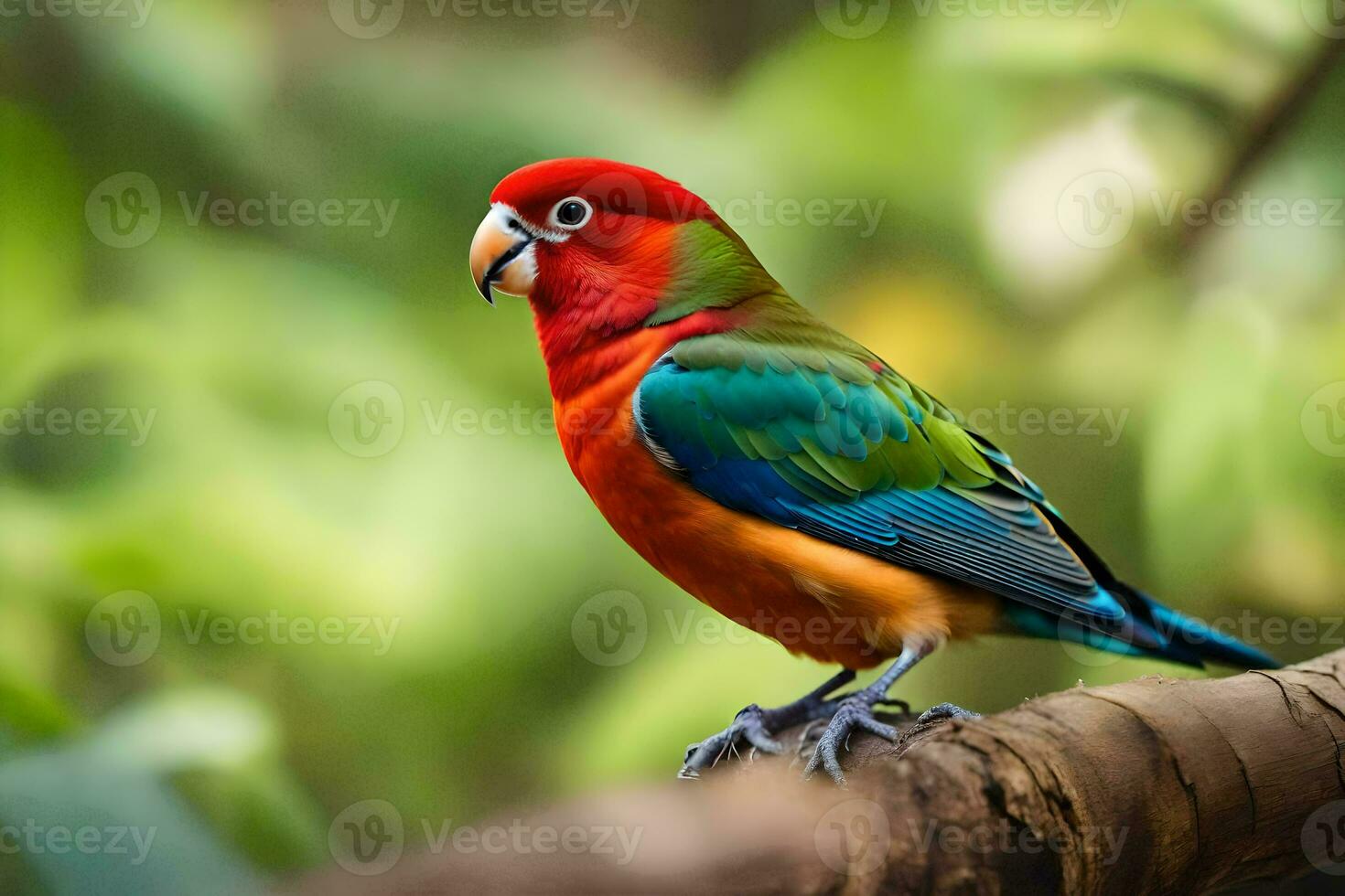 a colorful bird is sitting on a branch. AI-Generated photo