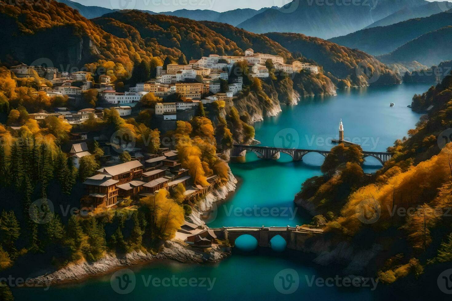 the beautiful village of lake borgo. AI-Generated photo