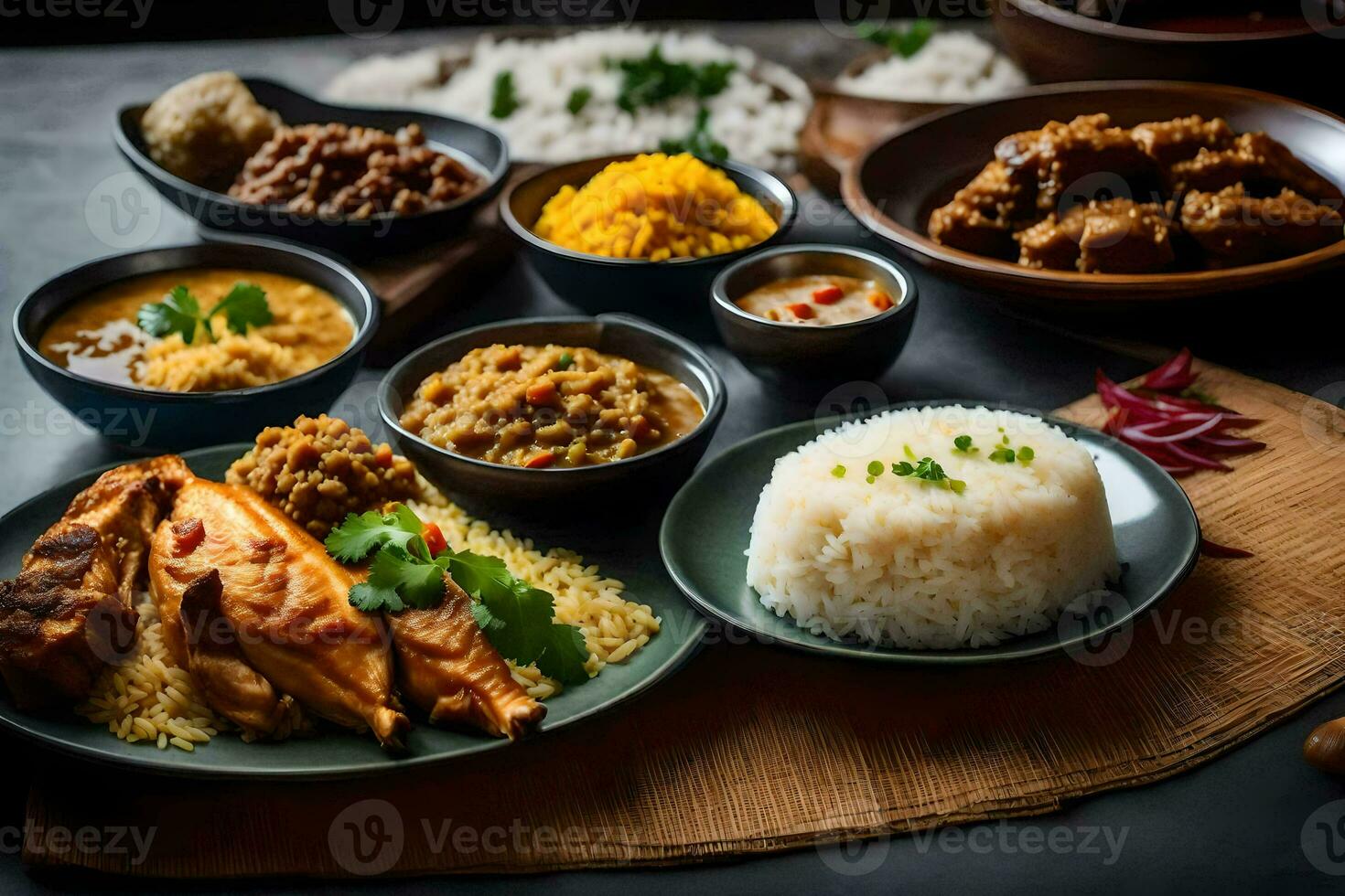 a variety of indian food on a table. AI-Generated photo
