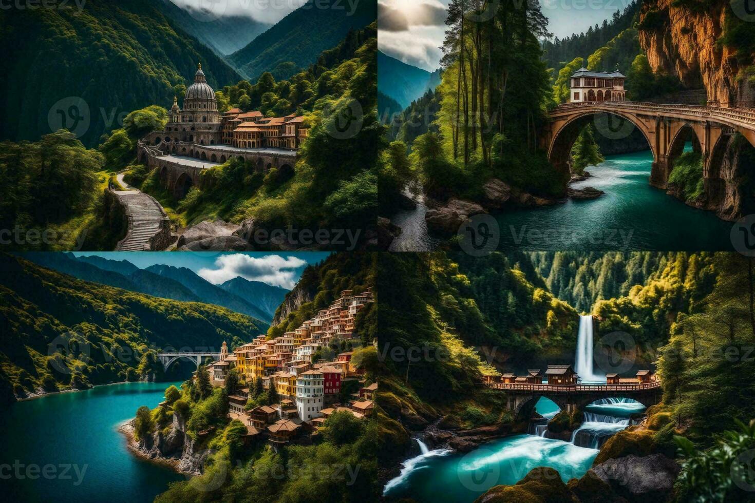 four different pictures of a river, mountains and a bridge. AI-Generated photo