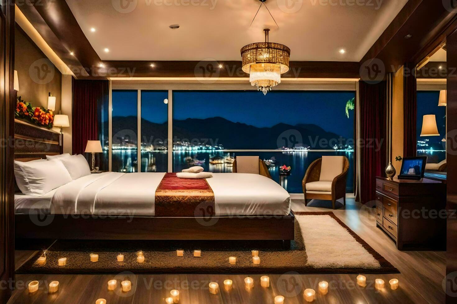a bedroom with candles lit on the floor and a view of the city. AI-Generated photo