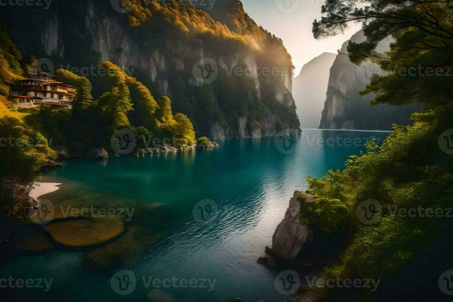 the sun shines on a lake surrounded by mountains. AI-Generated photo