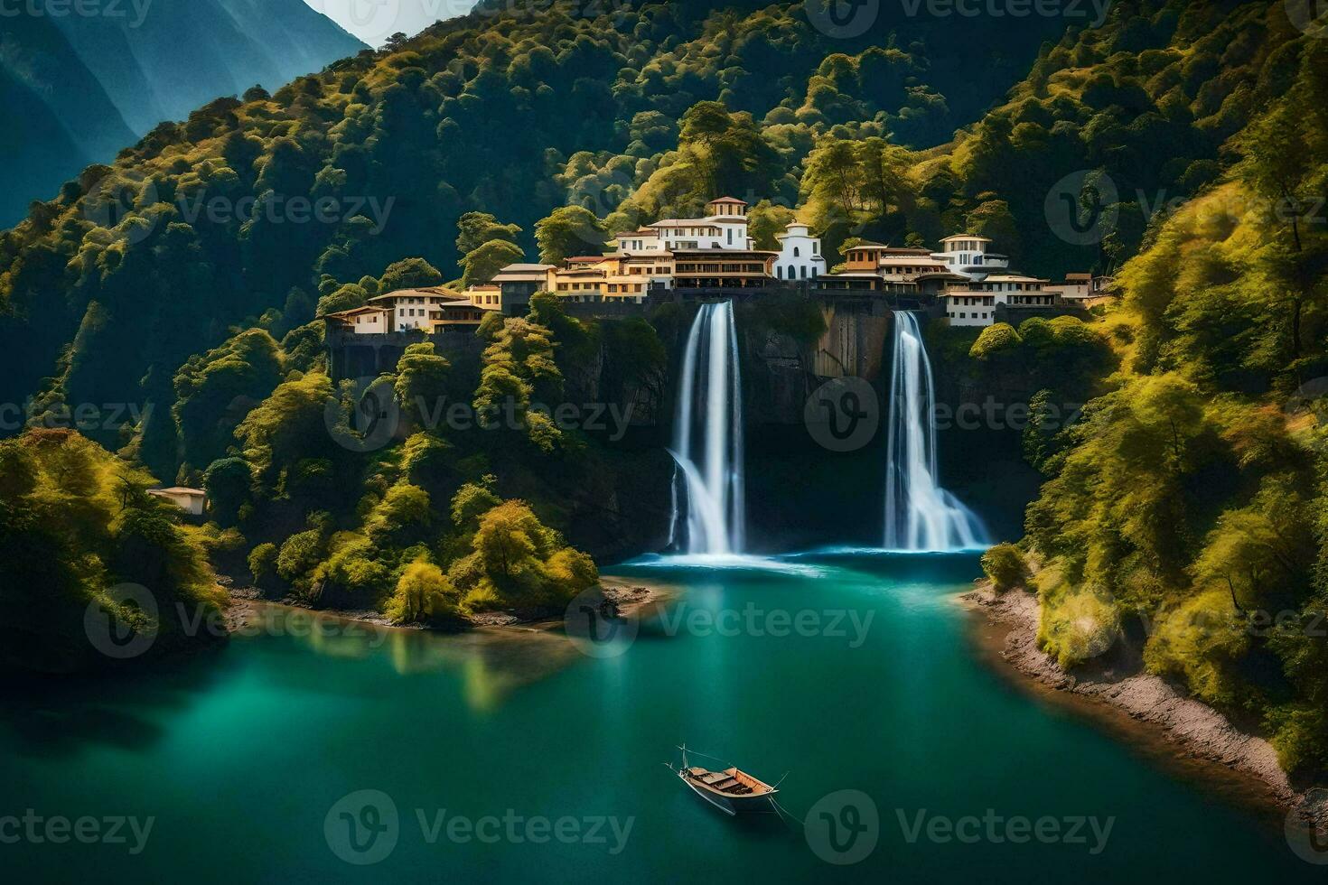 a waterfall in the middle of a mountain. AI-Generated photo