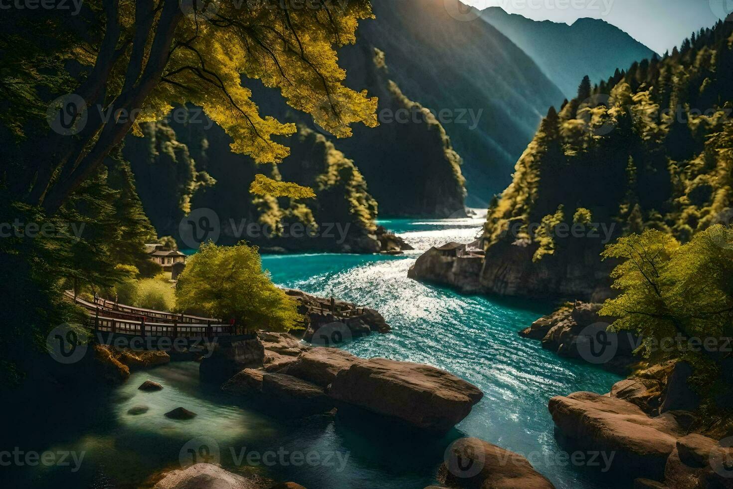 a river runs through a mountain valley with trees and rocks. AI-Generated photo