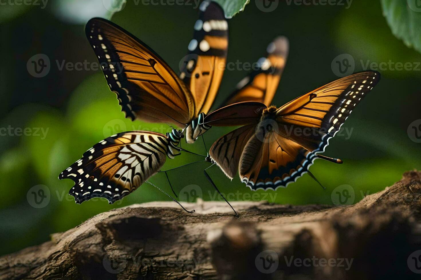 two butterflies are sitting on top of a tree trunk. AI-Generated photo