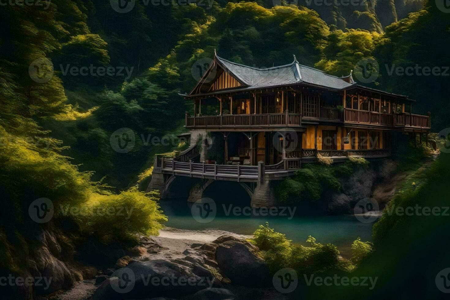 a house in the middle of a forest. AI-Generated photo