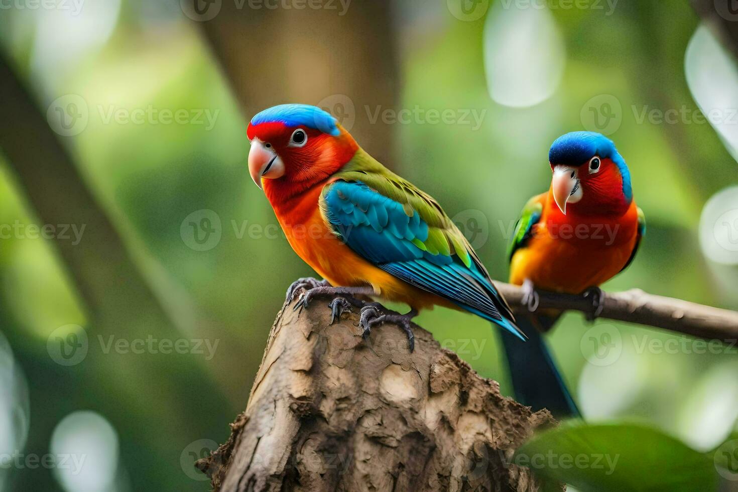 two colorful birds sitting on a branch. AI-Generated photo