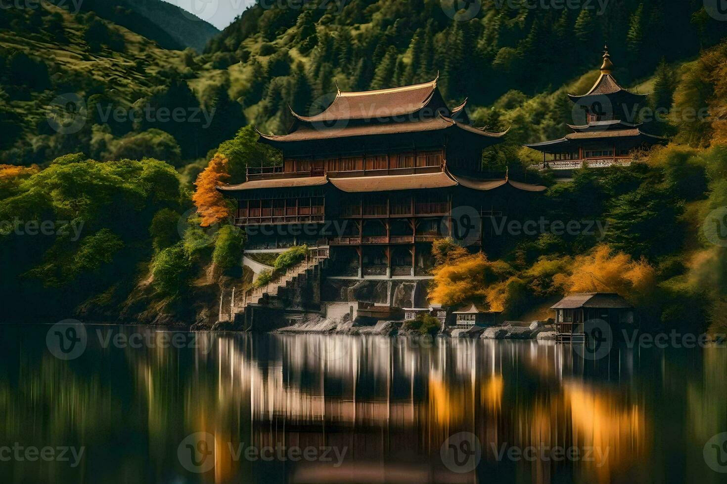 un chino templo es reflejado en el agua. generado por ai foto