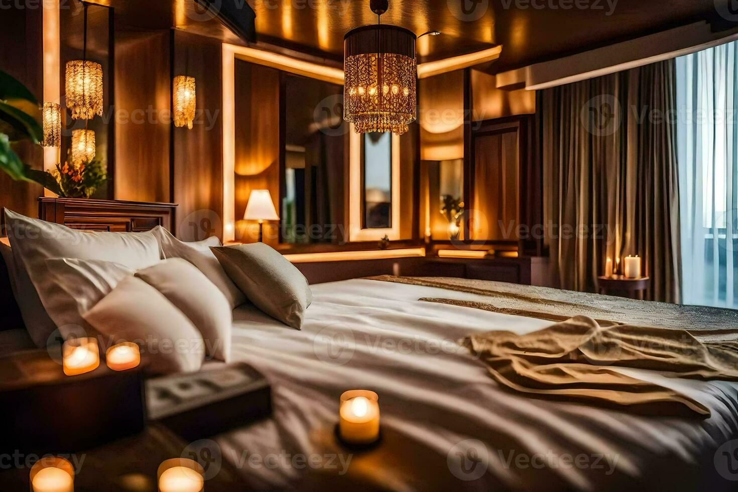a bed with candles and a window view. AI-Generated photo