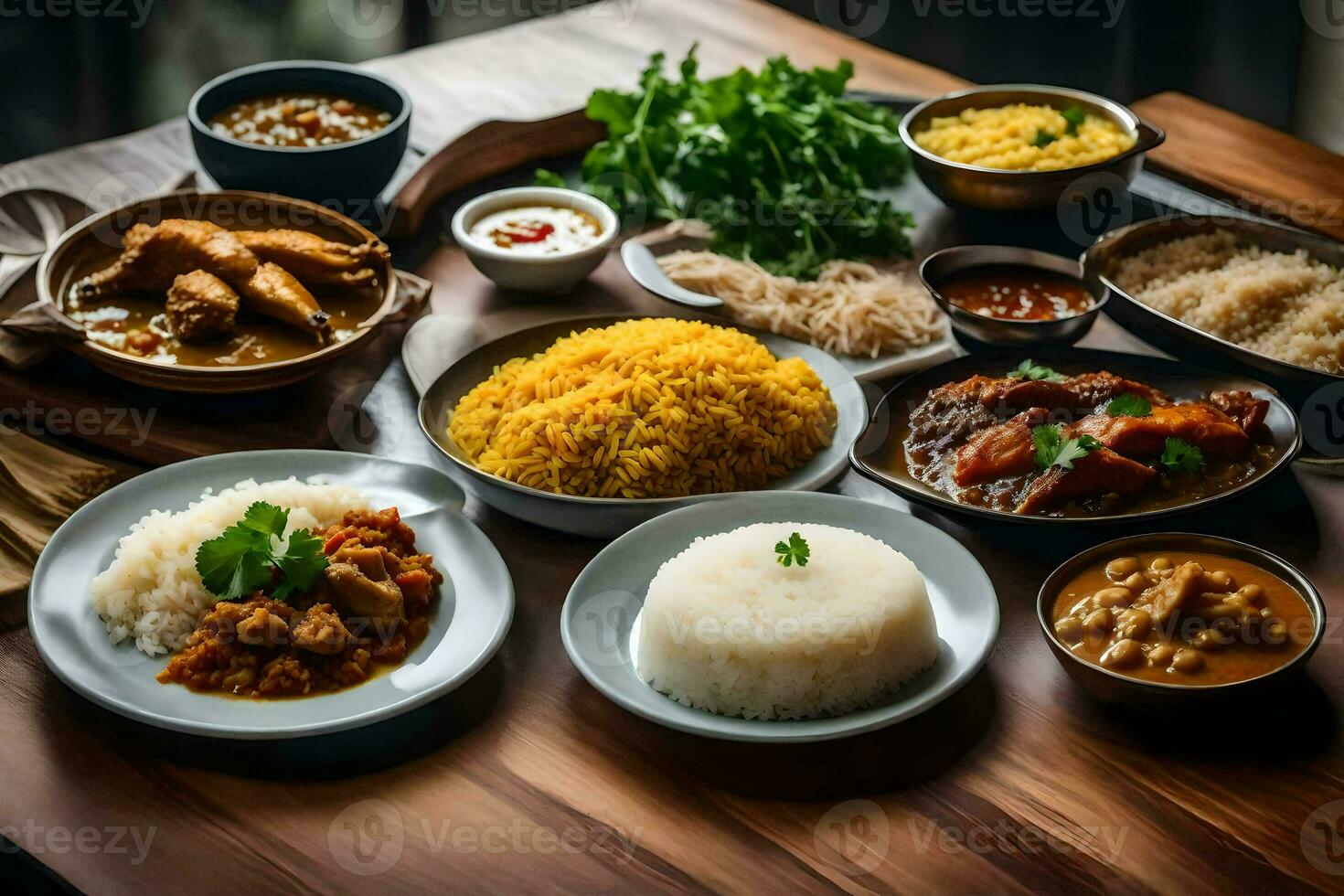 a table with many different dishes of indian food. AI-Generated photo