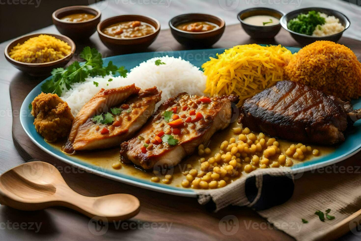 a plate of food with rice, meat and vegetables. AI-Generated photo