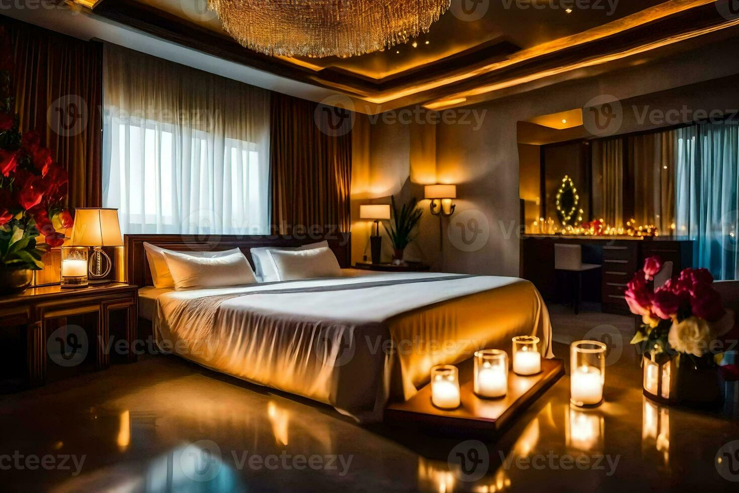 a bedroom with candles lit up and a bed. AI-Generated photo