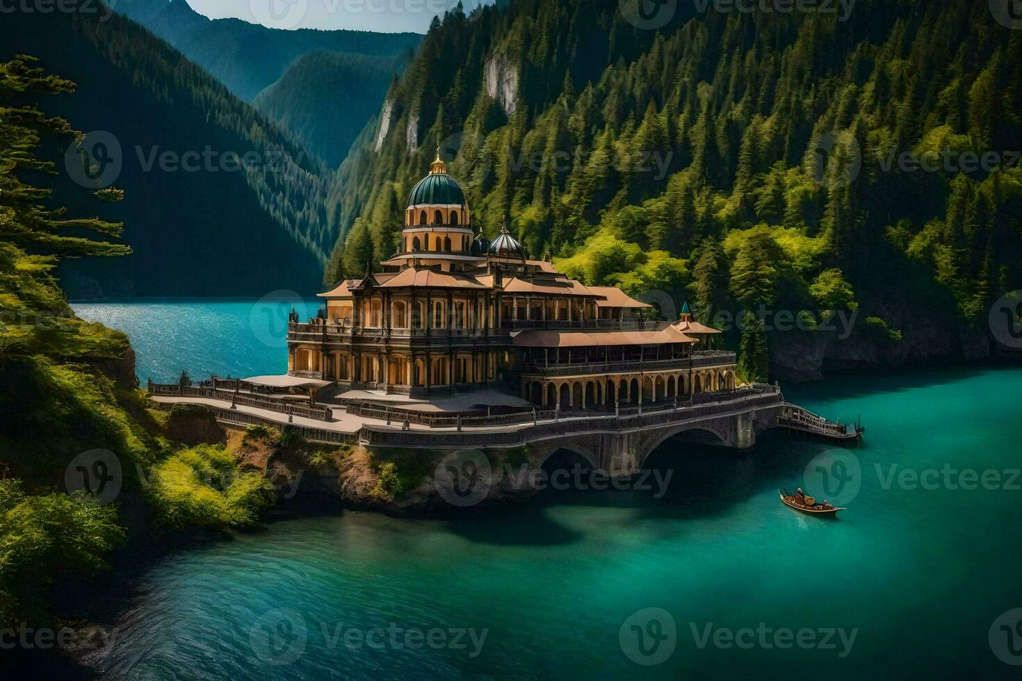 a beautiful church sits on a bridge over a lake. AI-Generated photo