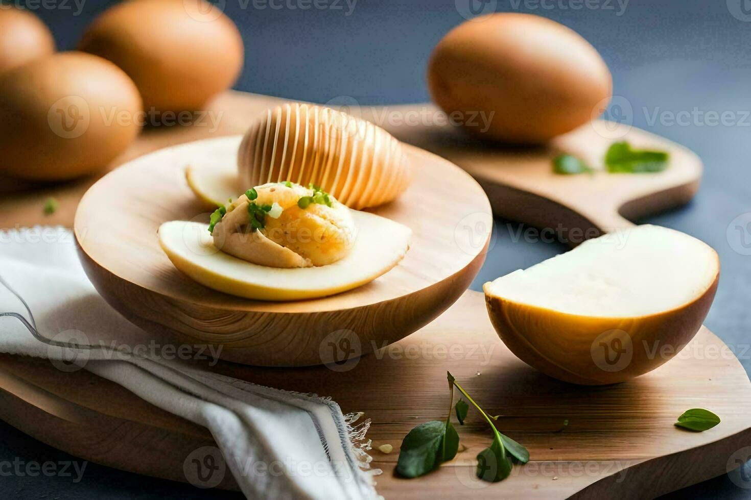 a wooden bowl with sliced eggs and herbs. AI-Generated photo