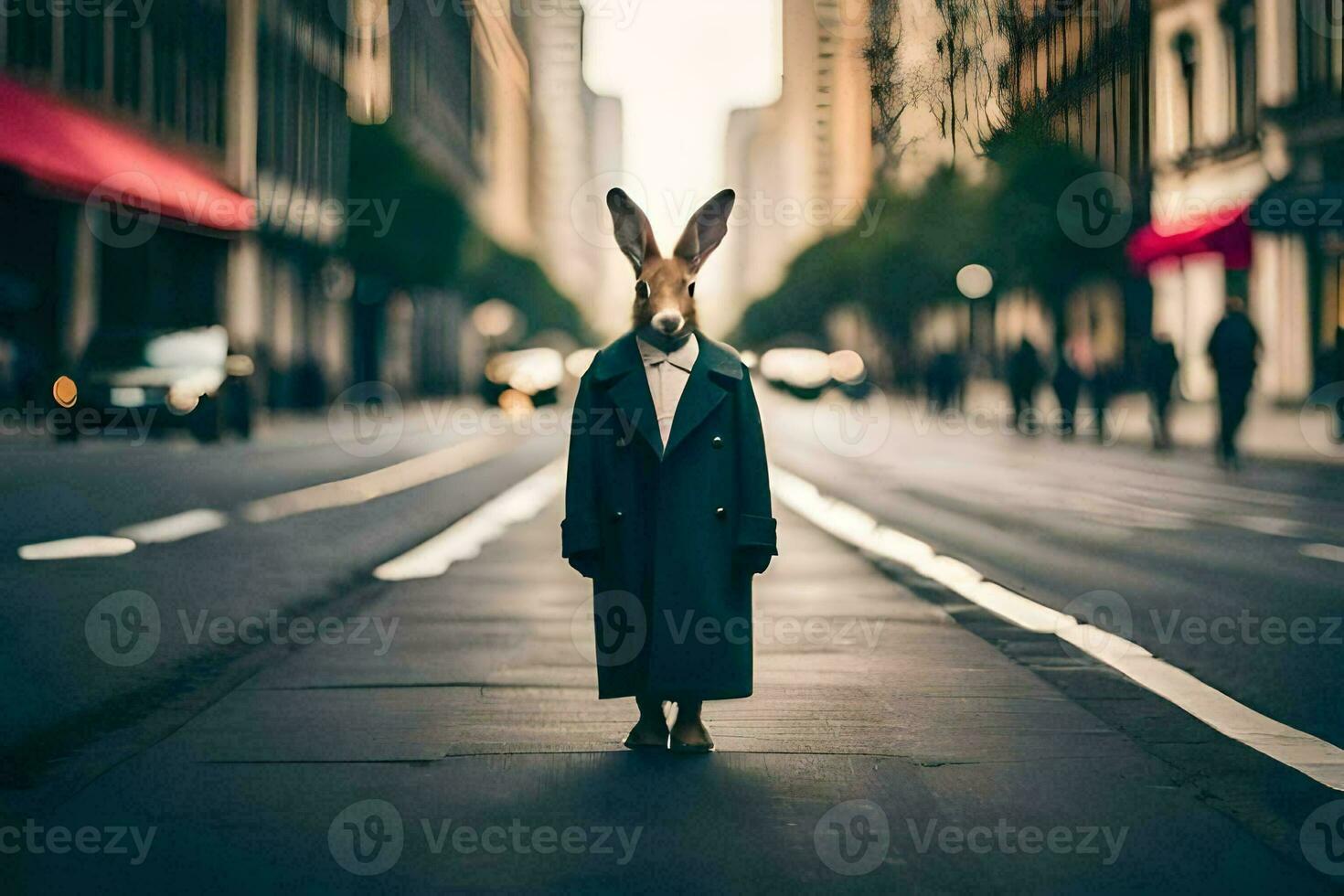a rabbit wearing a coat and tie standing in the middle of a city street. AI-Generated photo