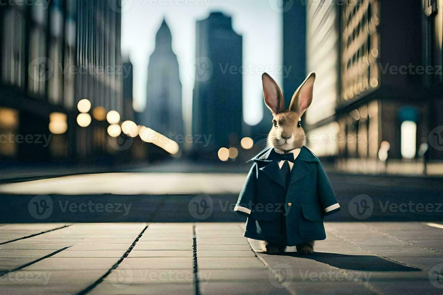 a rabbit wearing a suit and tie standing in the middle of a city street. AI-Generated photo