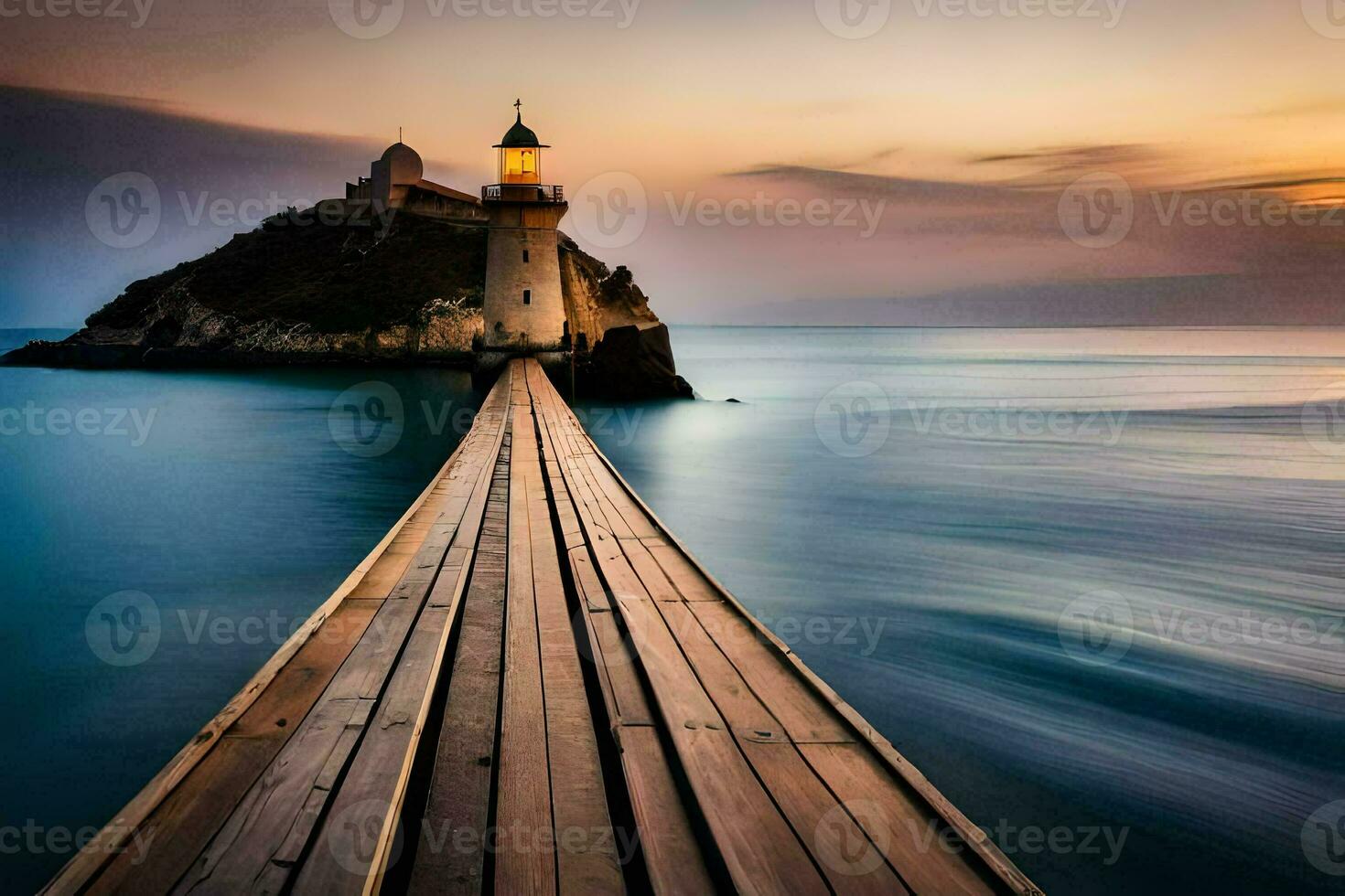 a lighthouse on a pier at sunset. AI-Generated photo