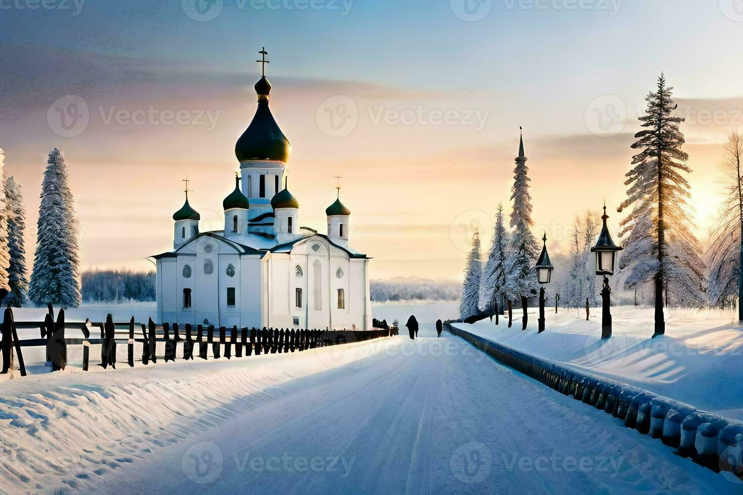 a church in the snow with trees and snow. AI-Generated photo