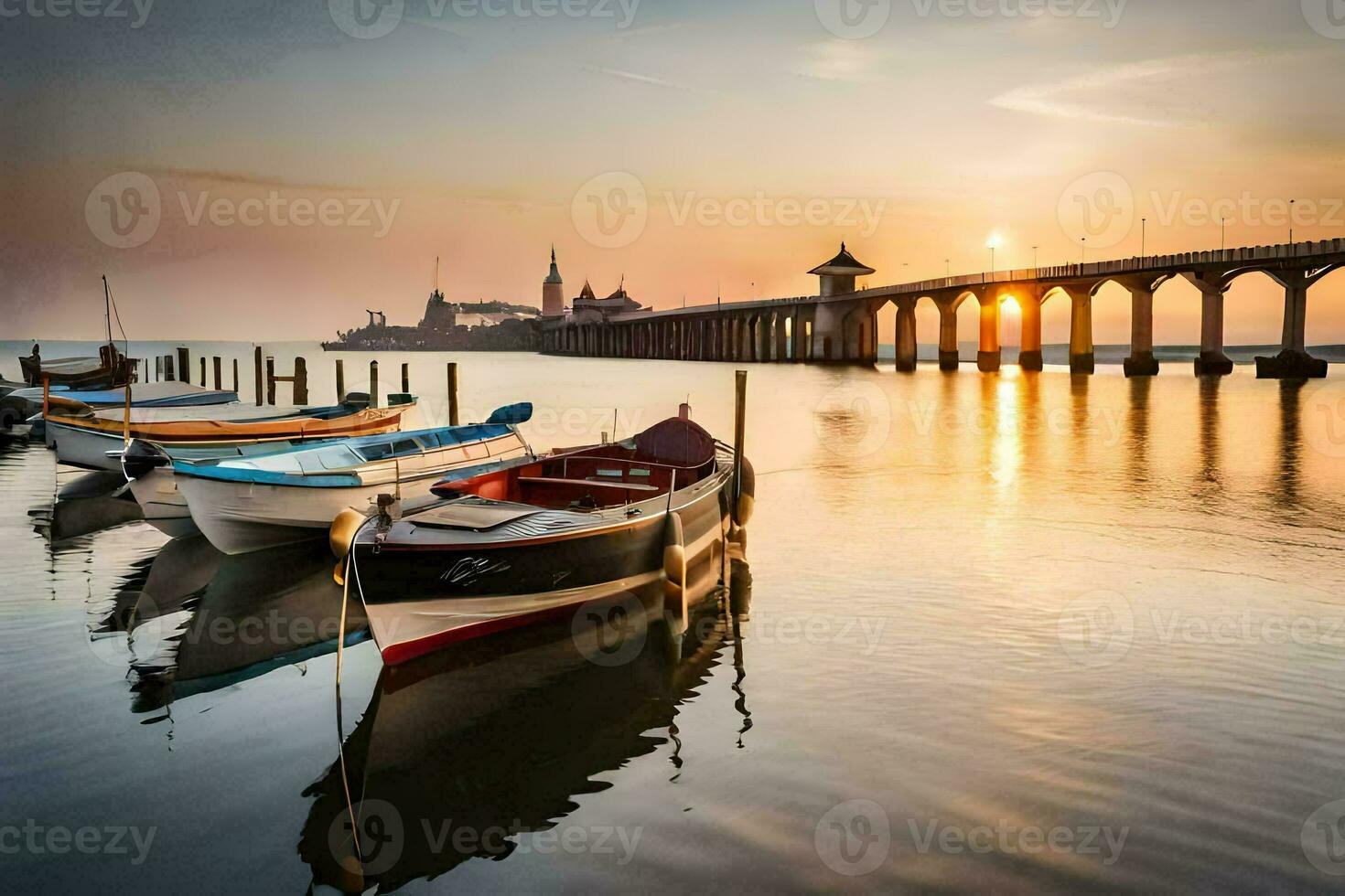 boats docked at the pier at sunset. AI-Generated photo