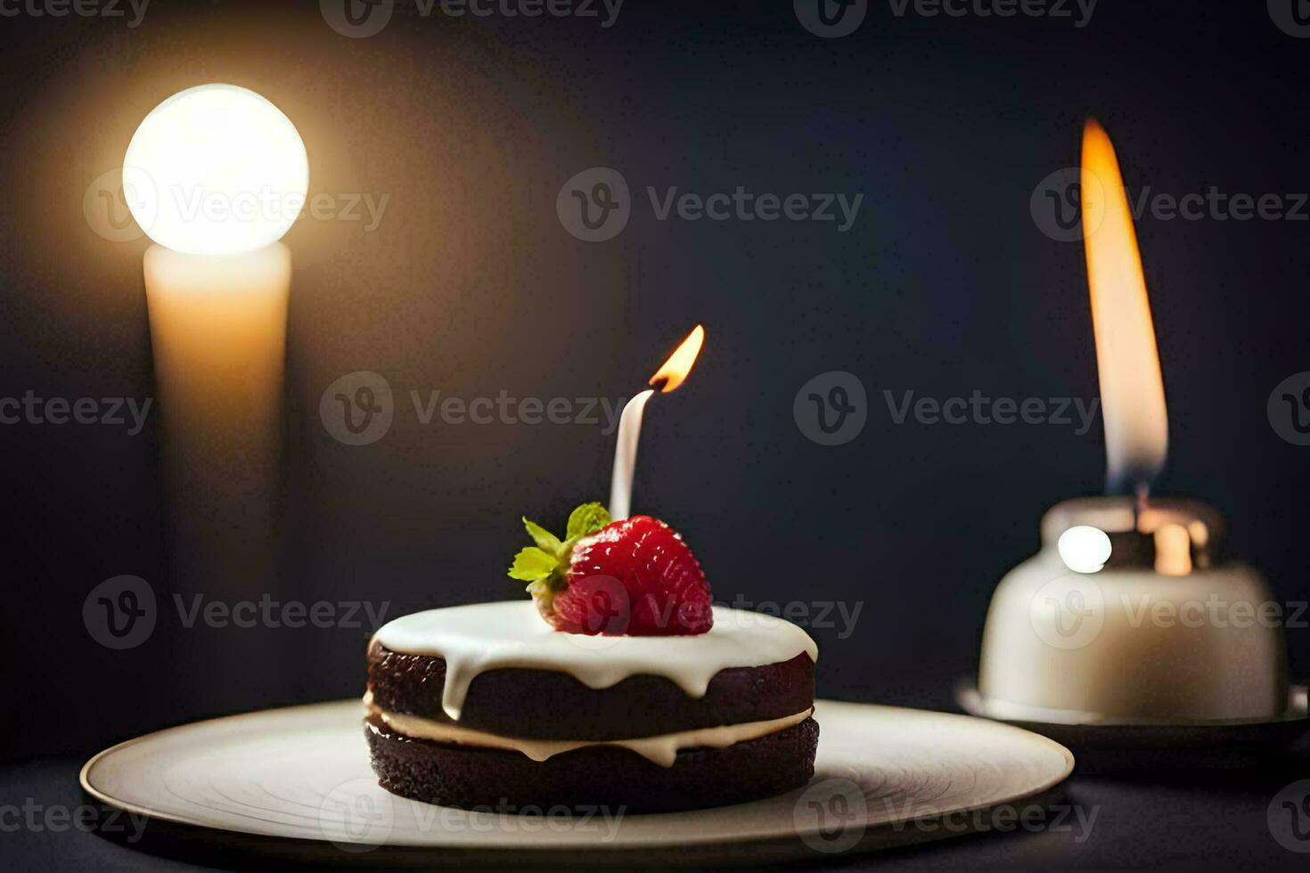 a small cake with a strawberry on top and a candle in the background. AI-Generated photo